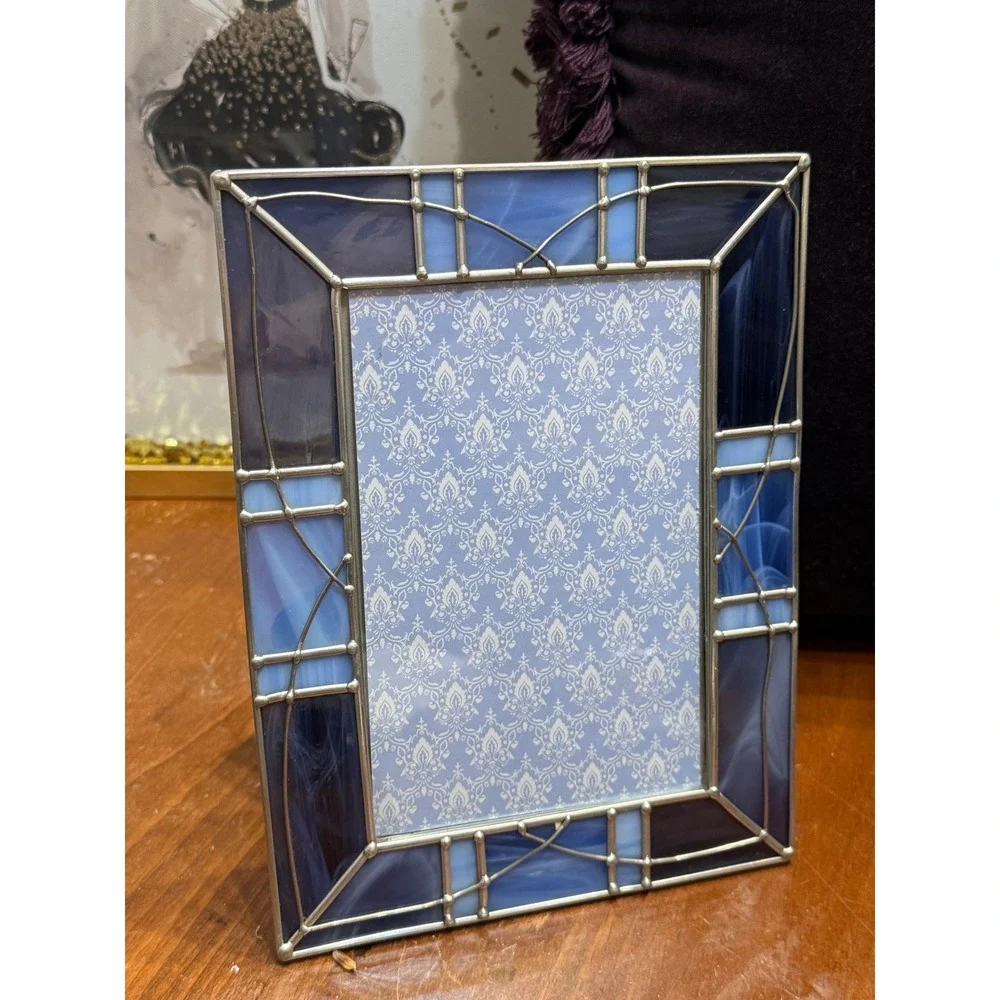 Blue Stained Glass Photo Frame Geometric Slag Glass 4x6 Tabletop Decor Silver